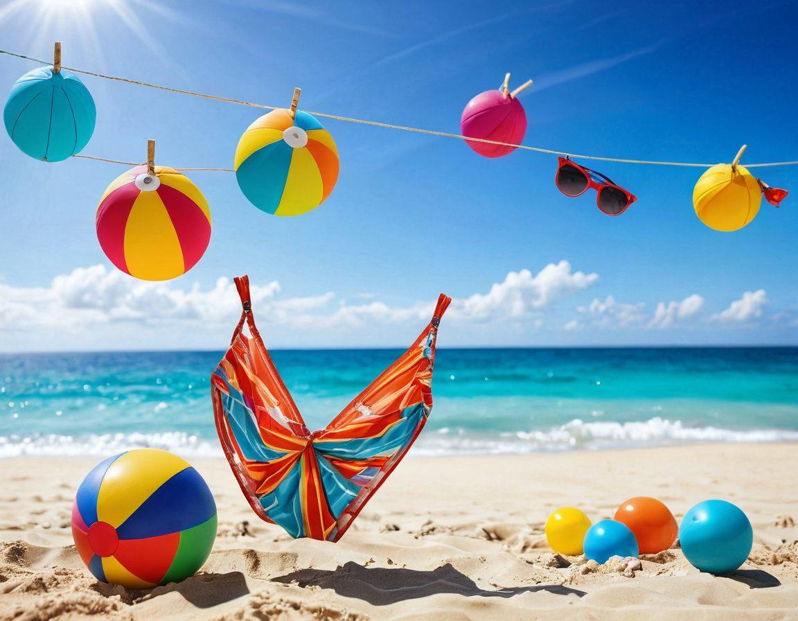 A vibrant summer scene featuring colorful swimwear hanging on a clothesline, with a beautiful sandy beach and turquoise ocean in the background. Include beach accessories like sunglasses and a beach ball scattered around, and a sunny, blue sky overhead. Capture the essence of adventure and relaxation in the air. super-realistic. vibrant colors. white background.
