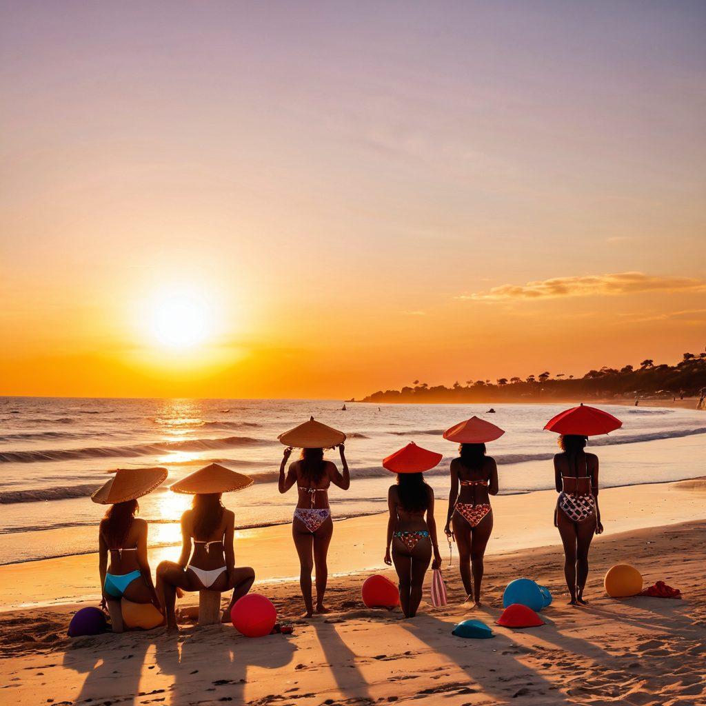 A vibrant beach scene showcasing diverse models in trendy swimsuits, sun hats, and stylish beachwear, with a striking sunset in the background. Include beach umbrellas, playful sandcastles, and beach balls to enhance the summer vibe. The atmosphere should feel fun and carefree, with a sense of warmth and excitement. colorful photography. beach aesthetic. sun-kissed tones.