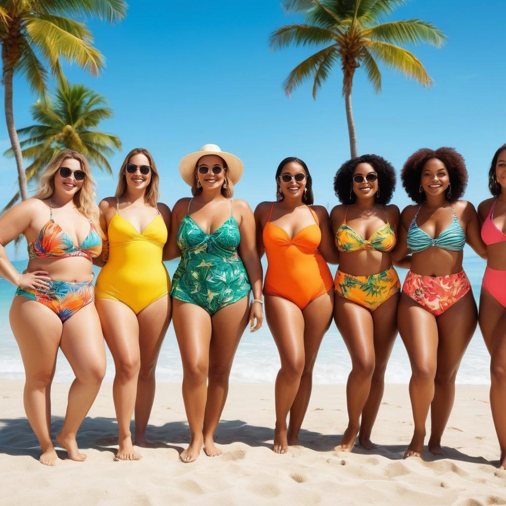 A confident, diverse group of individuals showcasing vibrant swimwear against a backdrop of a sunny beach. The scene captures body positivity with various body types celebrated in a joyful manner, featuring tropical elements like palm trees and refreshing cocktails. Bright colors and playful patterns of the swim attire pop against the serene ocean waves, inviting viewers to embrace their own style. super-realistic. vibrant colors. beach setting.